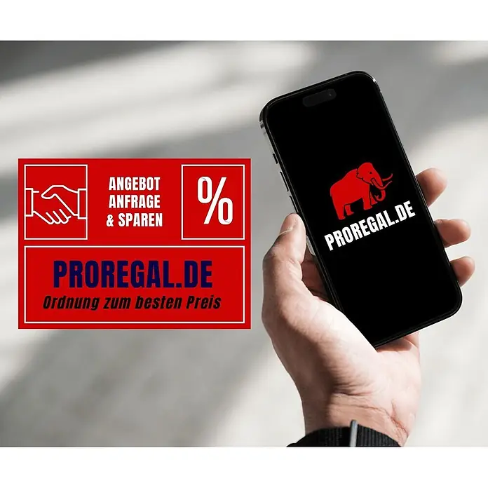 Proregal Schwerlastregal DINO - Traglast pro Boden: 450 kg, Anzahl Böden: 4 Stk., Stecken, Blau - Hand hält schwarzes Smartphone mit rotem PROREGAL.DE Logo, daneben rotes Schild mit PROREGAL.DE und Aktionsangeboten.
