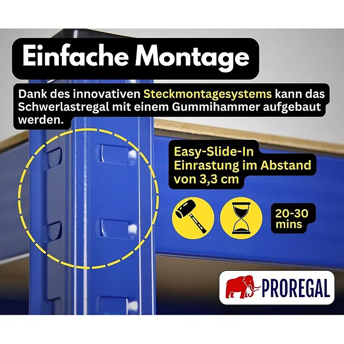 Proregal Schwerlastregal TAURUS - Traglast pro Boden: 175 kg, Anzahl Böden: 5 Stk., Stecken, Blau - Blauer Metallregalständer mit verstellbaren Schlitzen, betont leichte Steckmontage für ein Schwerlastregalsystem.