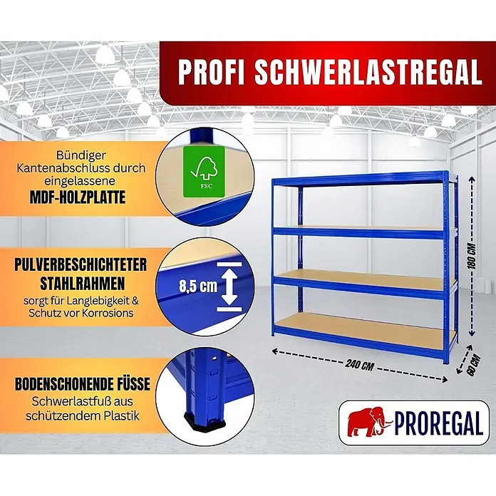 Proregal Schwerlastregal DINO - Traglast pro Boden: 450 kg, Anzahl Böden: 4 Stk., Stecken, Blau - Blaues pulverbeschichtetes Schwerlastregal mit drei FSC-zertifizierten MDF-Holzböden und Bodenschonenden Füßen. Maße: 180x240x60 cm.