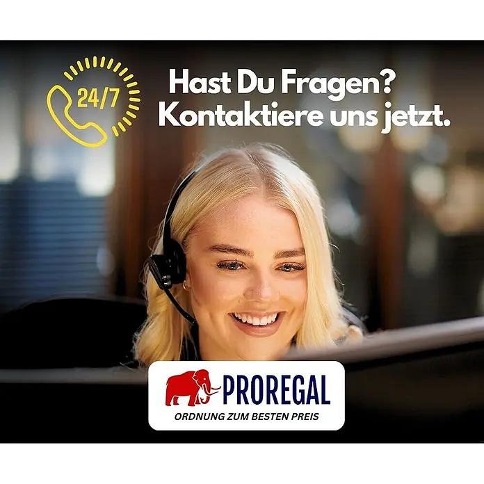Proregal Schwerlastregal TAURUS - Traglast pro Boden: 175 kg, Anzahl Böden: 5 Stk., Stecken, Blau - Lächelnde Kundendienstmitarbeiterin mit Headset, 24/7-Symbol und ProRegal-Support-Aufruf.
