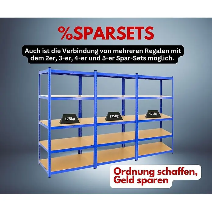 Proregal Schwerlastregal TAURUS - Traglast pro Boden: 175 kg, Anzahl Böden: 5 Stk., Stecken, Blau - Drei verbundene Schwerlastregale in Blau und Holz, jede Ablage zeigt eine Traglast von 175 kg, ideal zur Organisation.