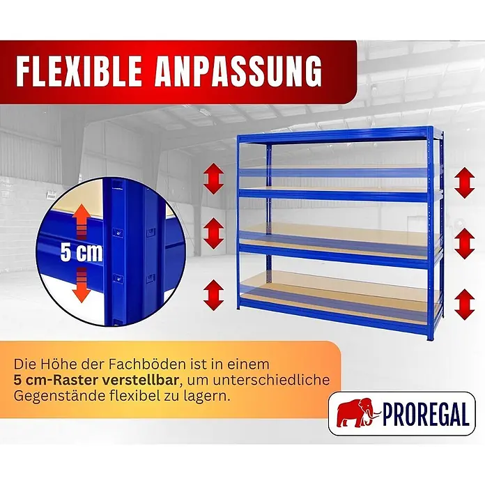 Proregal Schwerlastregal DINO - Traglast pro Boden: 450 kg, Anzahl Böden: 4 Stk., Stecken, Blau - Blaues Metallregal mit Fachböden, die sich in 5-cm-Schritten verstellen lassen für flexible Lagerung.
