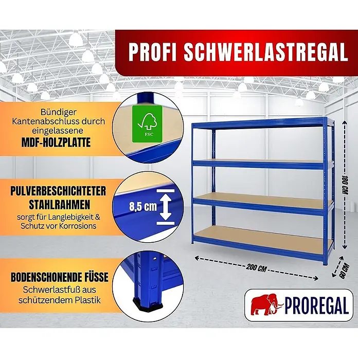 Proregal Schwerlastregal DINO - Traglast pro Boden: 500 kg, Anzahl Böden: 4 Stk., Stecken, Blau - Blaues Schwerlastregal mit drei MDF-Böden, pulverbeschichtetem Stahlrahmen und bodenschonenden Kunststofffüßen. Maße: 180x200x60cm.