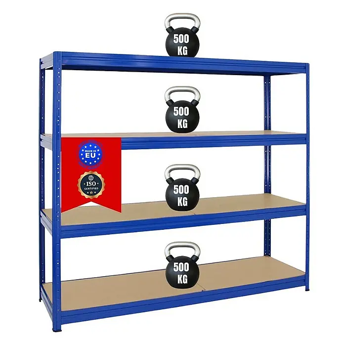 Proregal Schwerlastregal DINO - Traglast pro Boden: 500 kg, Anzahl Böden: 4 Stk., Stecken, Blau - Blaues Schwerlast-Metallregal mit vier Fachböden, je 500 kg Tragkraft. Made in EU, ISO-zertifiziert.