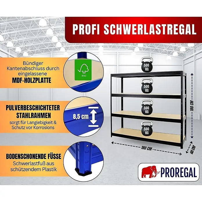Proregal Schwerlastregal DINO - H x B x T: 180 x 180 x 60 cm, Traglast pro Boden: 500 kg, Anzahl Böden: 4 Stk., Stecken, Schwarz - Schwarzes Schwerlastregal mit vier MDF-Böden, 180x180x60 cm, jeder Boden trägt 500 kg.