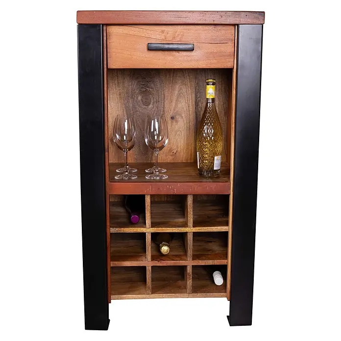 Bene Living Flaschenregal Wein Kommode Venosa - Naturmaterialien, Anzahl Böden: 1 Stk. - Weinregal aus Holz mit schwarzem Metallrahmen, Schublade, offener Ablage und Flaschenhalter.