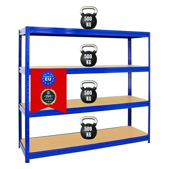 Proregal Schwerlastregal DINO - Traglast pro Boden: 500 kg, Anzahl Böden: 4 Stk., Stecken, Blau - Blaues Metallregal mit Holzablagen, jede trägt einen 500-kg-Kettlebell, was die hohe Tragfähigkeit unterstreicht. Made in EU, ISO-zertifiziert.