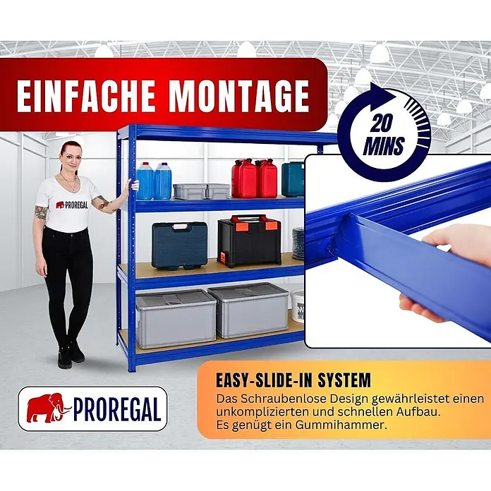 Proregal Schwerlastregal DINO - Traglast pro Boden: 500 kg, Anzahl Böden: 4 Stk., Stecken, Blau - Blaues Metallregal mit einfacher Steckmontage, abgebildet mit einer Frau und Lagerbehältern. Schneller Aufbau in 20 Minuten.
