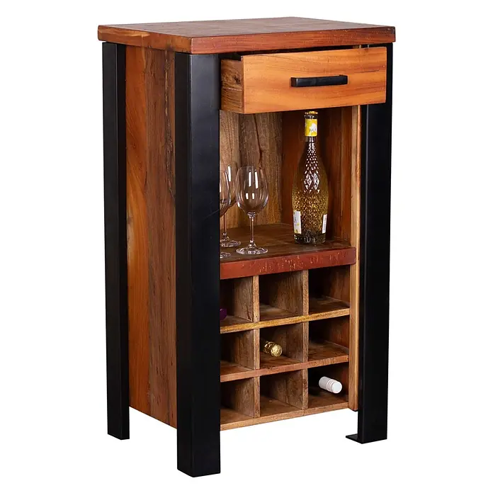 Bene Living Flaschenregal Wein Kommode Venosa - Naturmaterialien, Anzahl Böden: 1 Stk. - Hölzernes Weinregal/Barmöbel mit schwarzem Metallrahmen, Schublade und Flaschenablage.