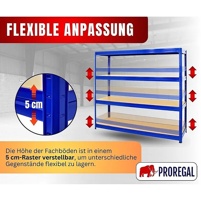 Proregal Schwerlastregal DINO - Traglast pro Boden: 500 kg, Anzahl Böden: 4 Stk., Stecken, Blau - Blaues Metallregal mit Holzböden, flexibel in 5 cm Schritten höhenverstellbar.