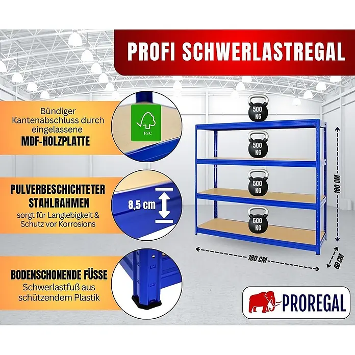 Proregal Schwerlastregal DINO - Traglast pro Boden: 500 kg, Anzahl Böden: 4 Stk., Stecken, Blau - Blaues Schwerlastregal mit 4 Ebenen aus pulverbeschichtetem Stahlrahmen und MDF-Holzplatten. Pro Regal 500 kg Traglast, Maße 180x180x60 cm.