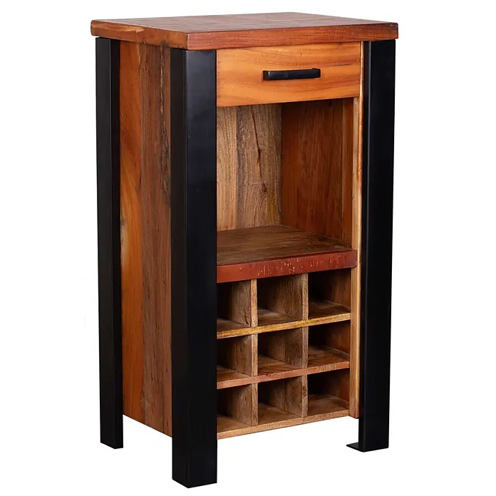 Bene Living Flaschenregal Wein Kommode Venosa - Naturmaterialien, Anzahl Böden: 1 Stk. - Rustikales Massivholz-Weinregal mit schwarzem Metallrahmen, einer Schublade, offener Ablage und 12 Flaschenfächern.