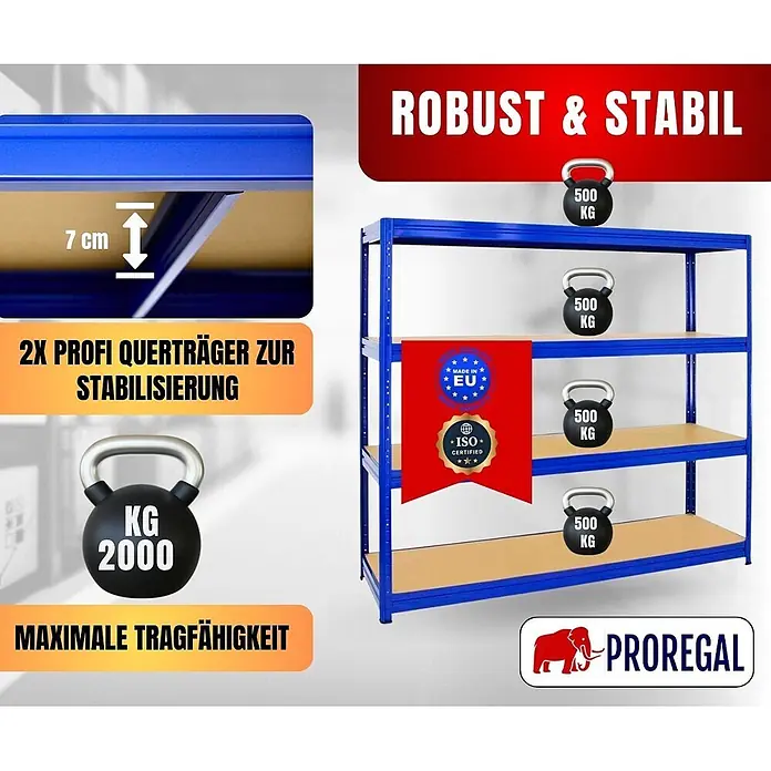 Proregal Schwerlastregal DINO - Traglast pro Boden: 500 kg, Anzahl Böden: 4 Stk., Stecken, Blau - Blaues Schwerlastregal, das seine Gesamttragfähigkeit von 2000 kg und seine robuste Konstruktion mit Stabilisierungsquerstreben hervorhebt.