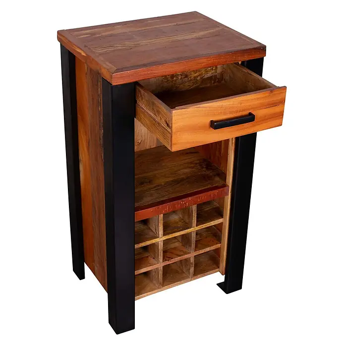 Bene Living Flaschenregal Wein Kommode Venosa - Naturmaterialien, Anzahl Böden: 1 Stk. - Rustikaler Holz- & Schwarzmetallschrank. Offene Schublade, Regal & Weinflaschenregal mit 9 Fächern in verschiedenen Holztönen.