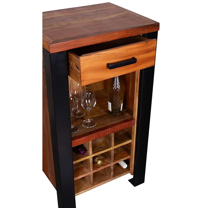 Bene Living Flaschenregal Wein Kommode Venosa - Naturmaterialien, Anzahl Böden: 1 Stk. - Holz-Weinschrank mit schwarzem Metallrahmen, offener Schublade, Weinregal und Ablagen für Gläser und Flaschen.