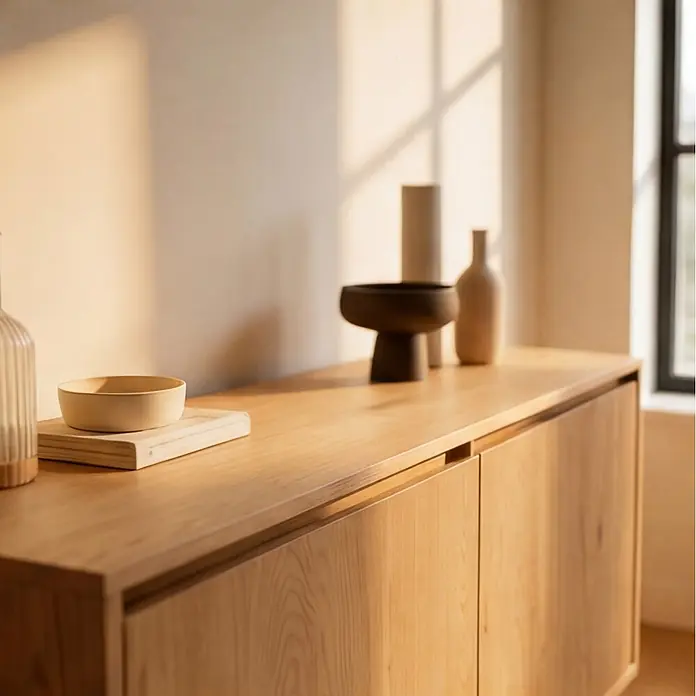Happy Garden Kommode SARAH - Helles Holz - Ein modernes Sideboard aus hellem Holz mit zwei Schranktüren, dekoriert mit Objekten, im Sonnenlicht eines Fensters.