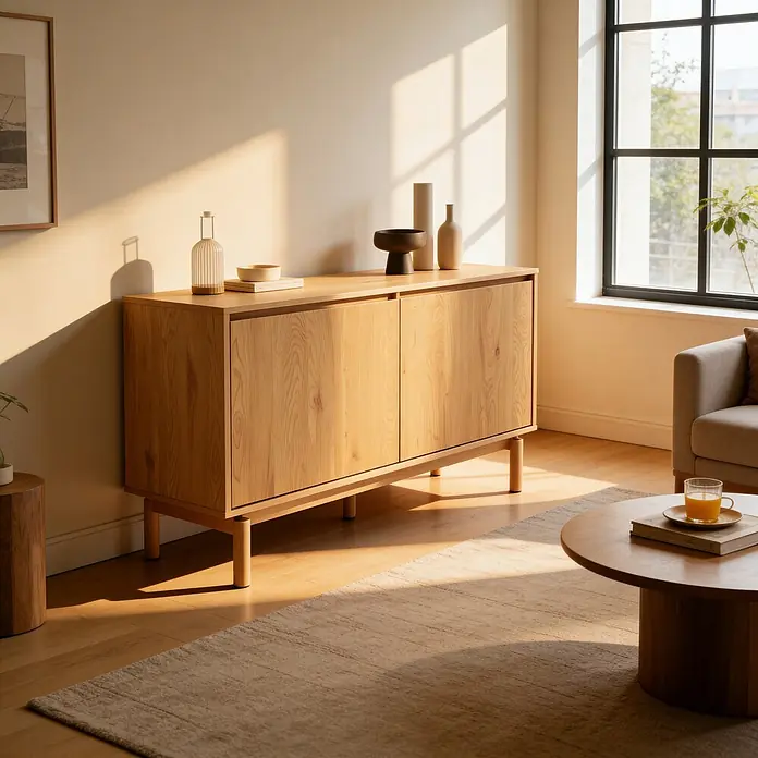 Happy Garden Kommode SARAH - Helles Holz - Helles Holz-Sideboard in einem Wohnzimmer, das Dekoartikel trägt. Sein warmer Ton passt zum sonnigen Raum.