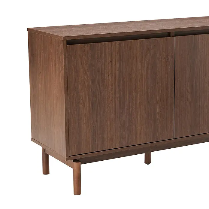Happy Garden Kommode SARAH - Dunkles Holz - Dunkelbraunes Holzsideboard mit integrierten Türgriffen und runden Holzbeinen, für stilvollen Stauraum.