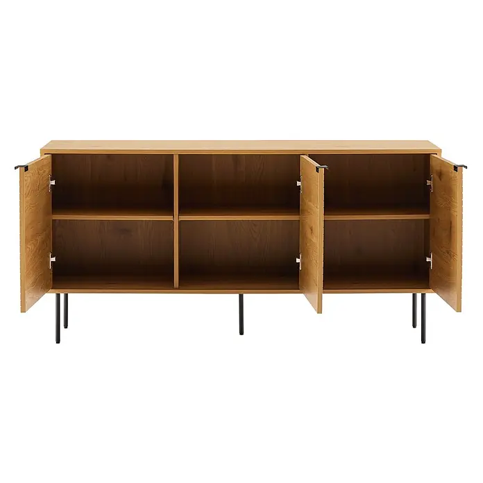 Happy Garden Kommode STINNA - Natürlich - Hellbrauner Holzschrank mit drei offenen Türen, die Innenregale und schwarze Metallbeine zeigen.