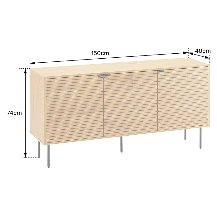 Happy Garden Kommode STINNA - Natürlich - Helles Holz-Sideboard mit drei Lamellentüren und Metallfüßen. Maße: B150 x H74 x T40 cm.