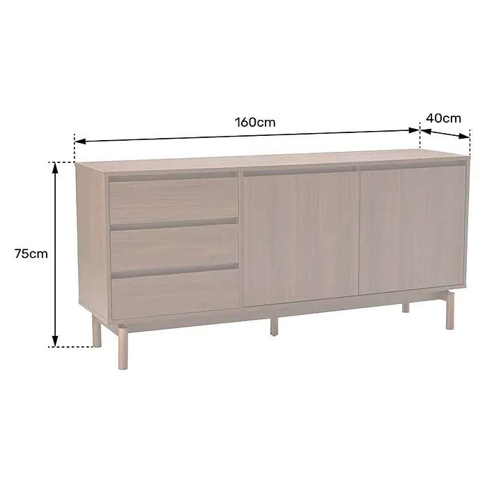 Happy Garden Kommode SARAH - Helles Holz - Hölzernes Sideboard mit drei Schubladen und zwei Türen, Maße: 75cm Höhe, 160cm Breite, 40cm Tiefe.