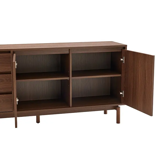 Happy Garden Kommode SARAH - Dunkles Holz - Dunkelbrauner Holzschrank mit offener Tür, die ein Innenregal und zwei offene Fächer mit Regalen zeigt. Verfügt über sichtbare Schubladen und stabile Beine.