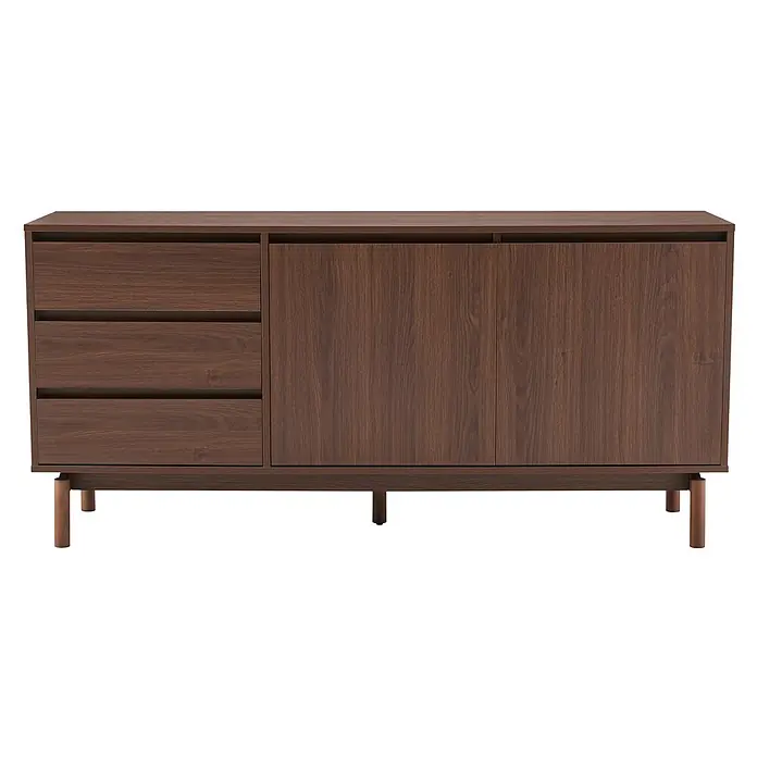 Happy Garden Kommode SARAH - Dunkles Holz - Dunkelbraunes Sideboard aus Holz mit drei Schubladen links und zwei Schranktüren rechts, gestützt von schlanken zylindrischen Beinen.