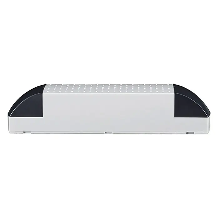 Paulmann Transformator Profi - 250 VA, 230 V, Weiß - Das Bild zeigt einen rechteckigen, weißen Bewegungsmelder mit abgerundeten, schwarzen Enden und einem perforierten Sensorfeld.