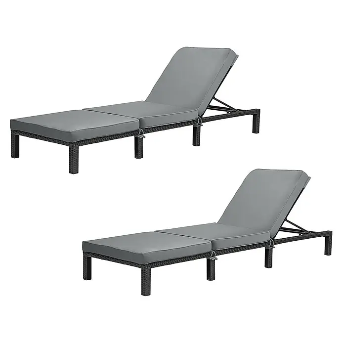 SVITA Gartenliegen-Set - B x T: 66 x 196 cm, Schwarz, Metall, Rückenlehne verstellbar - Paar schwarze Rattan-Liegestühle mit grauen Kissen und verstellbaren Rückenlehnen.