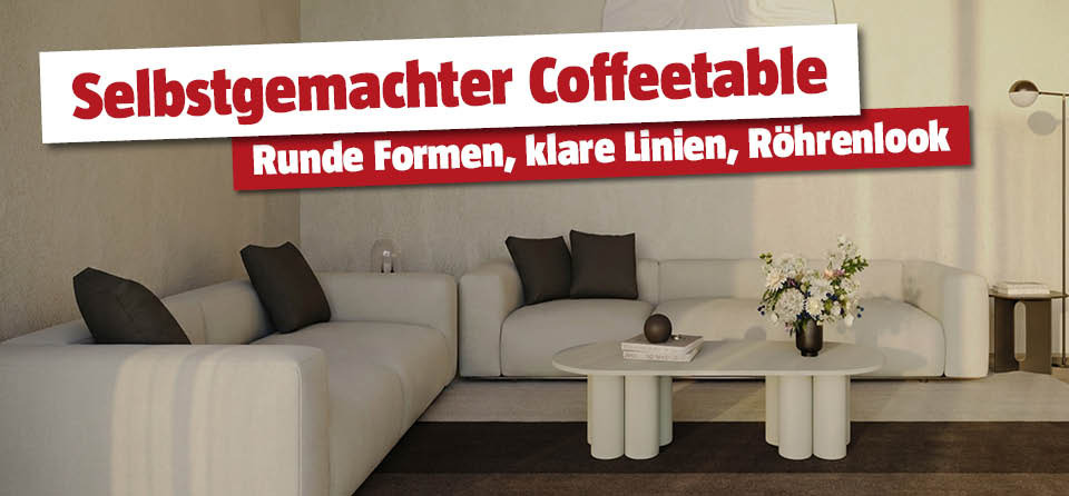 Selbstgemachter Coffeetable mit Röhrenoptik im Wohnzimmer neben der Couch