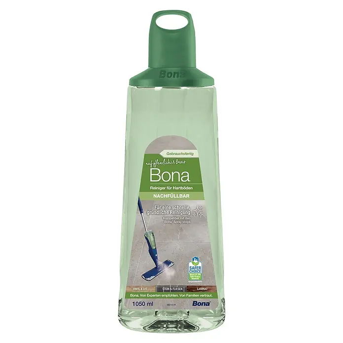 Bona Fliesen- & Laminatreiniger für Hartböden - 1.050 ml, Kartusche - Bona Hartbodenreiniger Nachfüllflasche. Transparente Flasche mit hellgrüner Flüssigkeit und grünem Verschluss, für Hartböden.