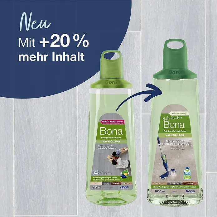 Bona Fliesen- & Laminatreiniger für Hartböden - 1.050 ml, Kartusche - Zwei Bona Hartbodenreinigerflaschen, alt (850ml) und neu (1050ml) mit 20% mehr Inhalt.