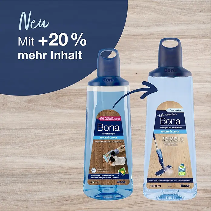Bona Parkettreiniger - 1.050 ml, Kartusche - Zwei blaue Bona Holzbodenreiniger-Flaschen. Die neue Flasche rechts enthält 1050ml, 20% mehr als die 850ml Flasche links.