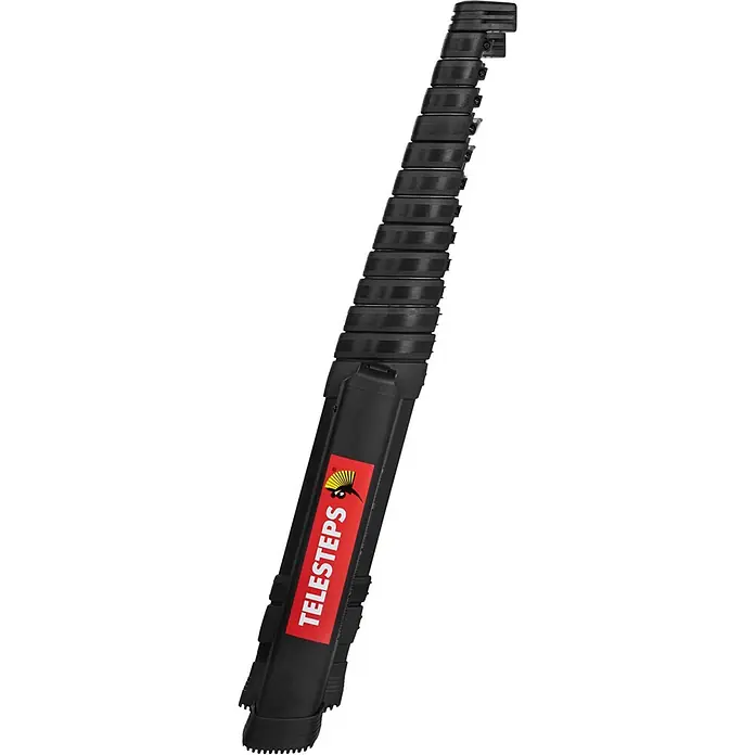 Iller Leiter Teleskopleiter Prime Line Teleskopleiter 4,9m – Profi Anlegeleiter aus Aluminium - Anzahl Tritte: 13 Stk., Arbeitshöhe: 5.300 m, Aluminium - Zusammengeklappte schwarze Teleskopleiter mit rotem 'TELESTEPS'-Etikett.