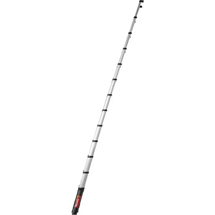 Iller Leiter Teleskopleiter Prime Line Teleskopleiter 4,9m – Profi Anlegeleiter aus Aluminium - Anzahl Tritte: 13 Stk., Arbeitshöhe: 5.300 m, Aluminium - Silberne Teleskopstange mit schwarzen Verriegelungsabschnitten und rotem 'TELESTEPS'-Schriftzug an der Basis, ausgefahren nach oben.