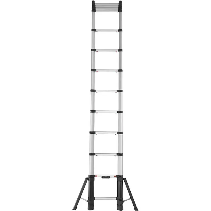 Iller Leiter Teleskopleiter Prime Line Teleskopleiter 4,9m – Profi Anlegeleiter aus Aluminium - Anzahl Tritte: 13 Stk., Arbeitshöhe: 5.300 m, Aluminium - Voll ausgezogene silberne Teleskopleiter mit schwarzen Sprossen und breiter schwarzer Basis mit gespreizten Beinen.