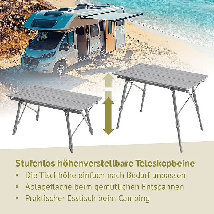 SVITA Campingtisch - L x B x H: 90 x 51,5 x 68 cm, Silber - Grauer Campingtisch mit stufenlos höhenverstellbaren Teleskopbeinen, dargestellt in zwei Höhen.