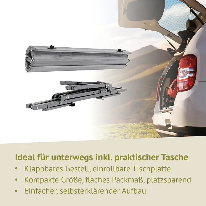 SVITA Campingtisch - L x B x H: 90 x 51,5 x 68 cm, Silber - Grauer, zusammengeklappter Campingtisch mit rollbarer Tischplatte und faltbarem Gestell, ideal für unterwegs.