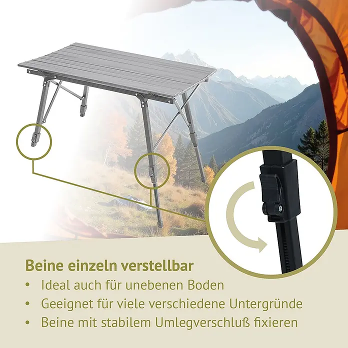 SVITA Campingtisch - L x B x H: 90 x 51,5 x 68 cm, Silber - Grauer, tragbarer Campingtisch mit individuell verstellbaren Beinen und Feststellmechanismus, in einer Berglandschaft.