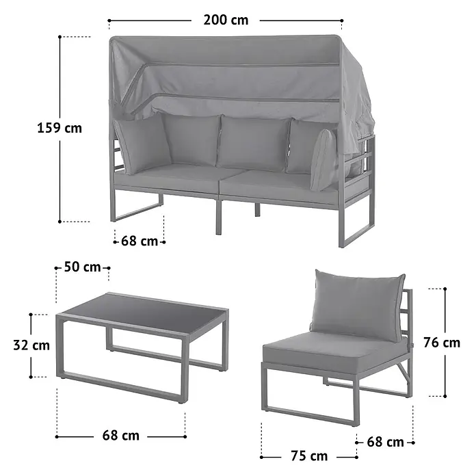 SVITA Loungemöbel-Set MAUI - 4 -tlg., Polyfaser, Spun-Polyester, Stahl, Beige - Graues Outdoor-Lounge-Set mit Zweiersofa mit Überdachung, Couchtisch und Sessel, alle Maße sind angegeben.