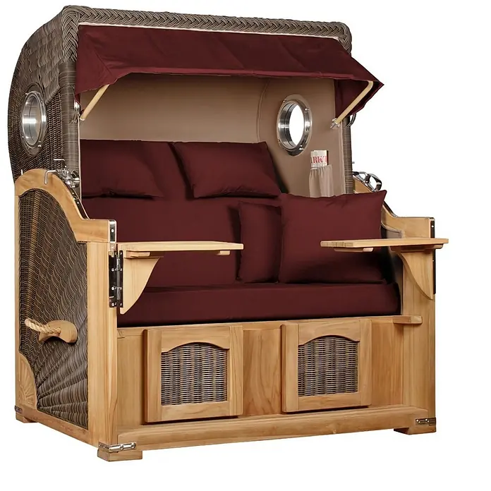 Mr. Deko Strandstuhl Strandkorb Düne Grande Bullauge Teak PE Grey Dessin 550 - 1 Stk., Teakholz. Polyrattan, Rückenlehne verstellbar, PE Grey - Brauner Strandkorb aus Korbgeflecht mit hellem Holzrahmen, dunkelroten Polstern, Verdeck, Bullaugen und Beistelltischen.