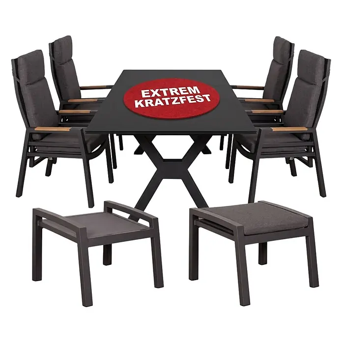 Bene Living Gartentisch-Set Sevilla + Hocker mit Tisch Sevilla - Gesamtumfang: 7 -tlg., Aluminium pulverbeschichtet, Textilene, Keramik, Ausziehbar - Dunkelgraue Gartenmöbel-Garnitur: rechteckiger Tisch mit X-Fuß, 6 Stühle mit Polstern und Holzarmlehnen, sowie 2 passende Hocker.
