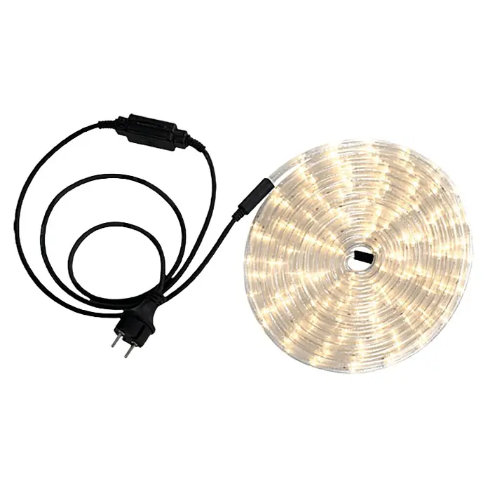 Globo LED-Lichtschlauch - Länge: 9 m, Lichtfarbe: Warmweiß, 12,96 W, 432 lm - LED-Lichterschlauch aufgerollt mit schwarzem Kabel und Stecker. Ideal für dekorative Beleuchtung im Innen- und Außenbereich.