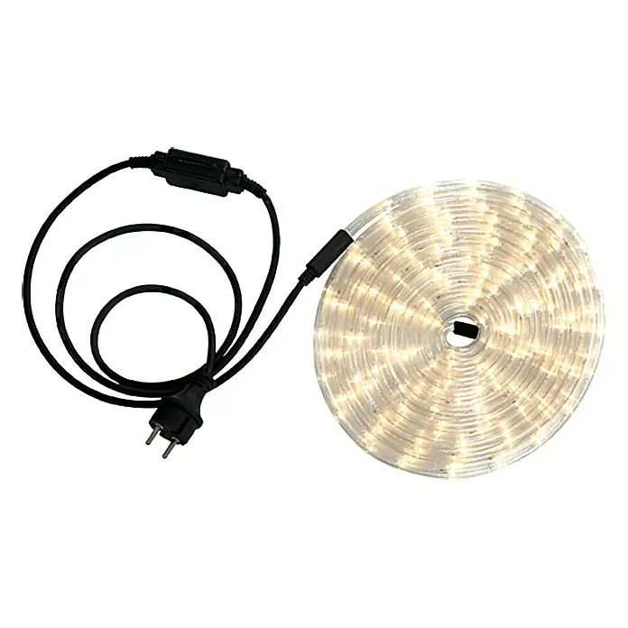 Globo LED-Lichtschlauch - Länge: 6 m, Lichtfarbe: Warmweiß, 8,64 W, 288 lm - LED-Lichterschlauch aufgerollt mit schwarzem Kabel und Stecker. Ideal für dekorative Beleuchtung im Innen- und Außenbereich.