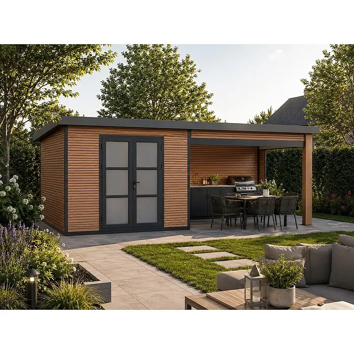 Fjordholz Gartenhaus FineLine 16,90 m² Teak - Außenmaß inkl. Dachüberstand (B x T): 616,5 x 325 cm, Aluminium, Teak - Schuppen- & Außenküchenkombination in Holzoptik mit dunkelgrauen Akzenten, integriertem Grill und Essbereich für den Garten.