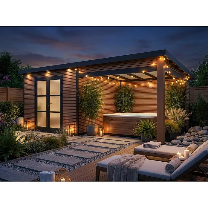 Fjordholz Gartenhaus FineLine 16,90 m² Teak - Außenmaß inkl. Dachüberstand (B x T): 616,5 x 325 cm, Aluminium, Teak - Gemütlicher Outdoor-Entspannungsbereich in der Dämmerung mit modernem Gartenhaus, Whirlpool und Lichterketten.