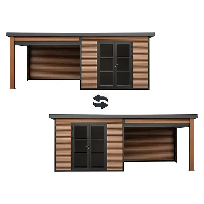Fjordholz Gartenhaus FineLine 16,90 m² Teak - Außenmaß inkl. Dachüberstand (B x T): 616,5 x 325 cm, Aluminium, Teak - Modulares Holz-Carport mit Schuppen und dunklen Türen, in linker und rechter Konfiguration.