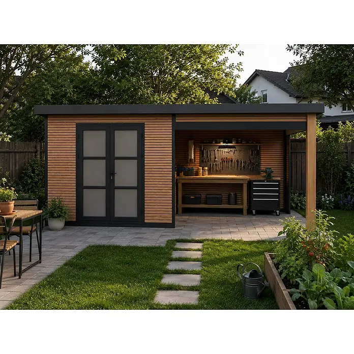 Fjordholz Gartenhaus FineLine 16,90 m² Teak - Außenmaß inkl. Dachüberstand (B x T): 616,5 x 325 cm, Aluminium, Teak - Modernes Gartenhaus aus Holz mit schwarzen Türen und offenem Werkstattbereich im Garten.