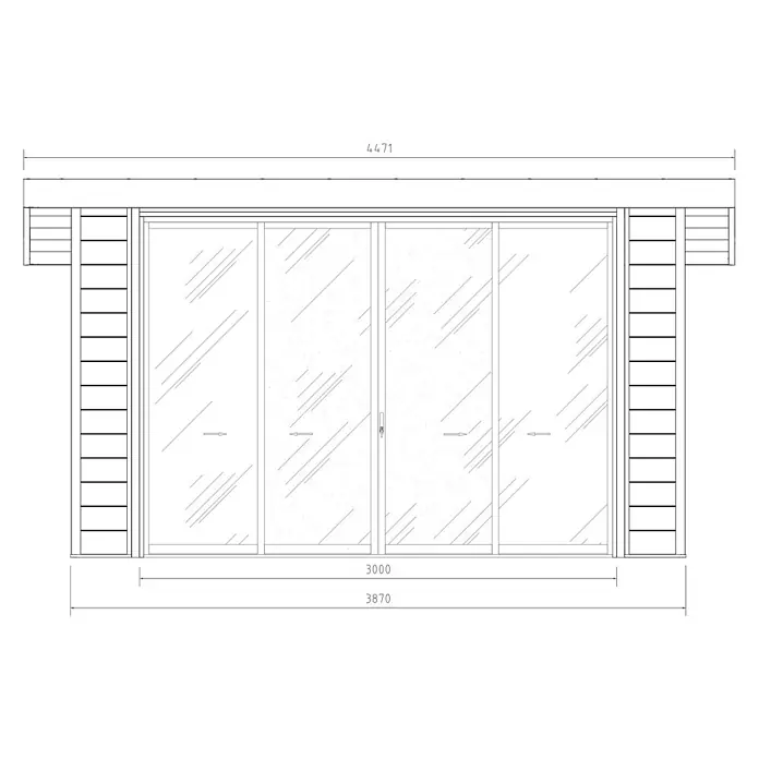 Fjordholz Gartenhaus Sunshine Slide 12 m² - Außenmaß inkl. Dachüberstand (B x T): 447 x 348 cm, Aluminium, Schwarz / Grau - Linienzeichnung einer vierteiligen Glasschiebetür mit seitlichen Lamellenpaneelen, Maßeinblendung.