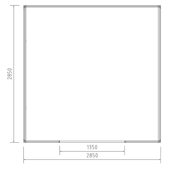 Fjordholz Gartenhaus Cubus 8,12 m² - Außenmaß inkl. Dachüberstand (B x T): 285 x 285 cm, Aluminium, Schwarz / Grau - Technische Zeichnung einer quadratischen Struktur, Gesamtabmessungen 2850 Einheiten, mit einem inneren Segment von 1350 Einheiten.